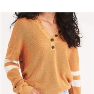 AE Varsity Stripe Sleeve Henley Sweater | Orange Knit Sweater | Size Medium